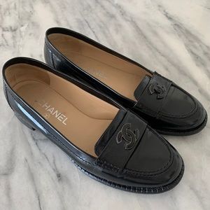 Chanel CC Loafers black 39.5 🖤interlocking patent authentic chunky ballet penny